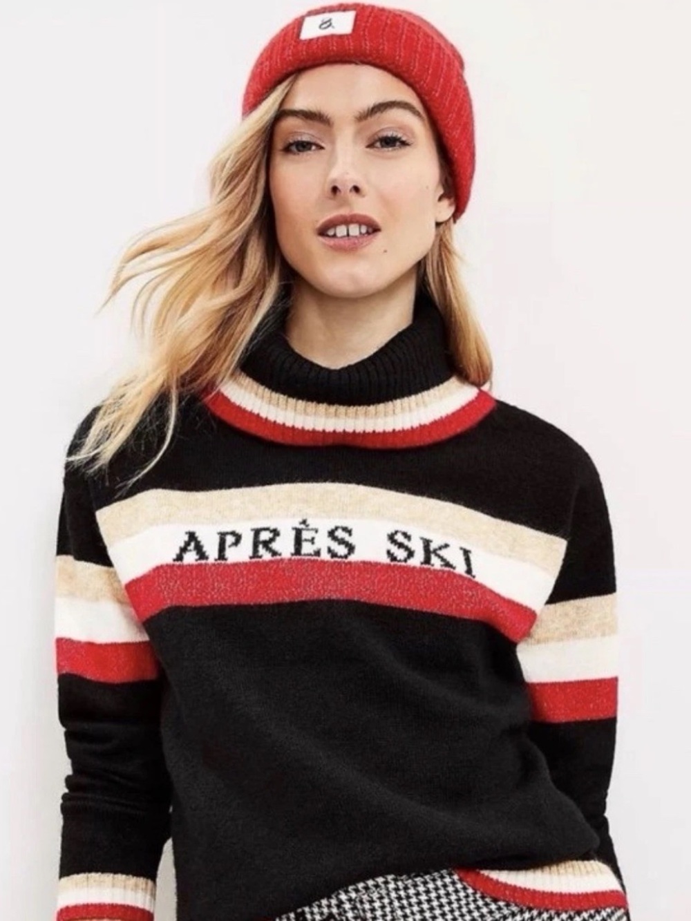 Lou & Grey Black, Red & Cream Aprés Ski Striped Turtleneck Fuzzy Sweater